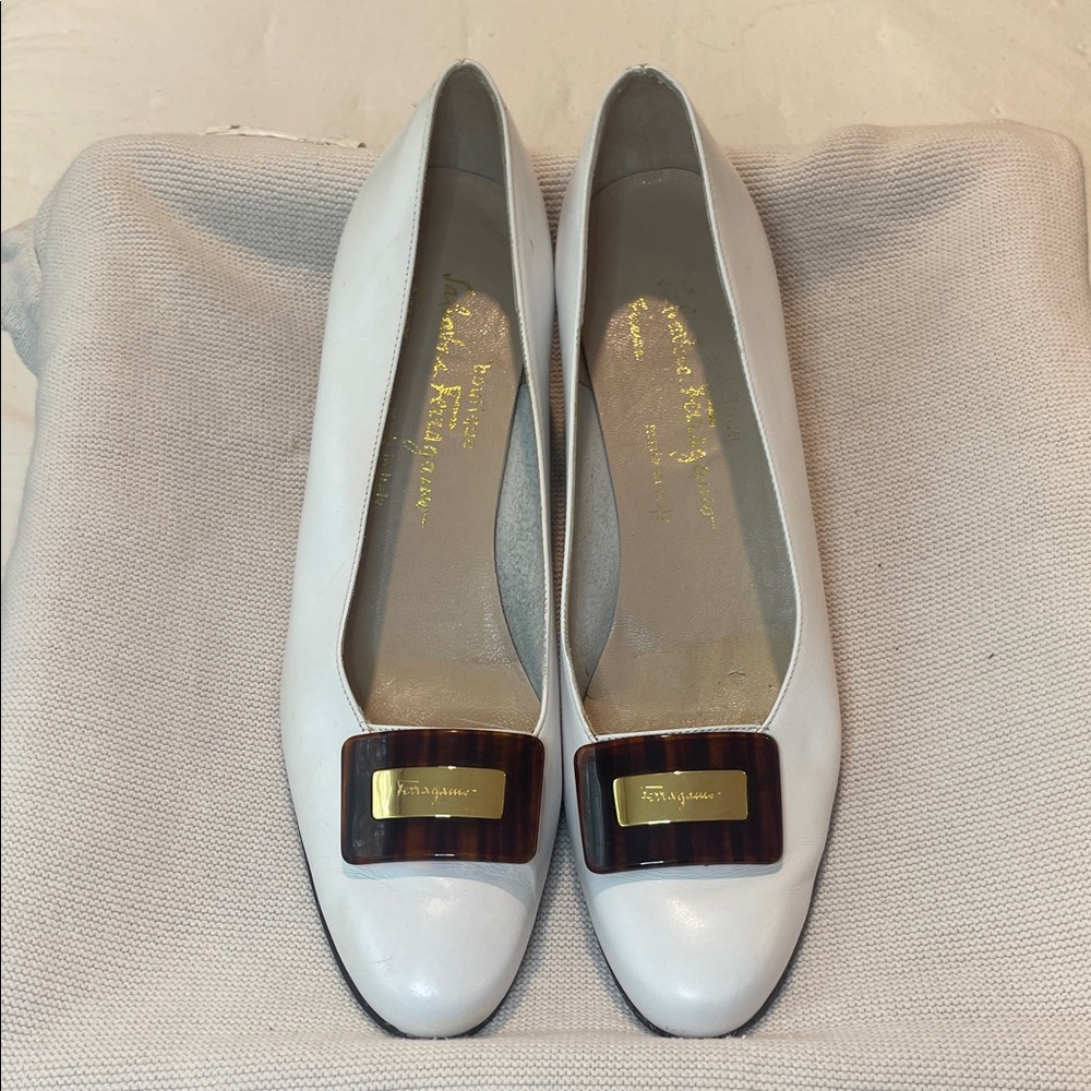 Salvatore Ferragamo White Flats with Gold Accent